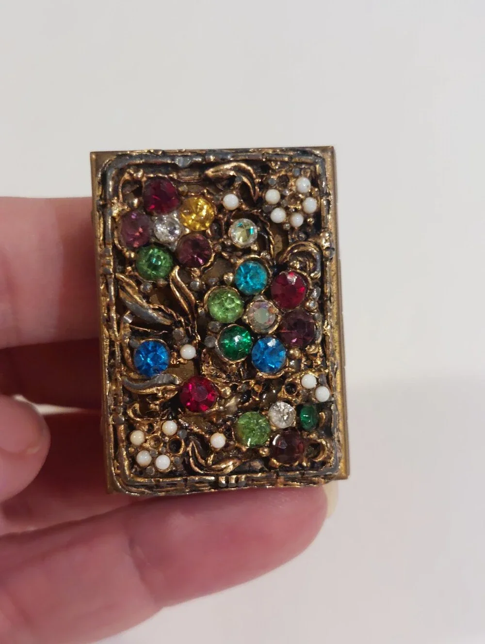 Vintage Floral Rhinestone & Brass Medicine Pill Box Case heavy well made